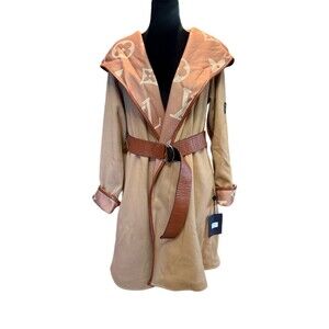 Hooded Wrap Coat Womens L Beige Monogram Trim Belted mid-length